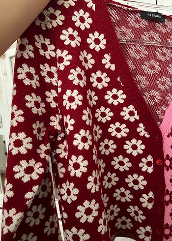 Milla Çiçek Desenli Bordo Pembe Triko Hırka - Görsel 6