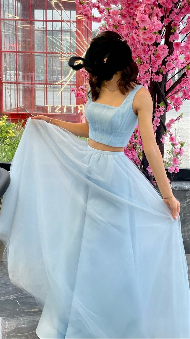 Mavi Uzun Klasik Kadın Abiye Elbise - Görsel 3