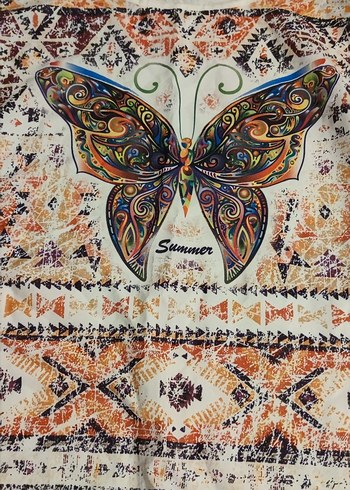 Beyaz Bohem Kelebek Desenli Kısa Kollu Tişört - Görsel 3