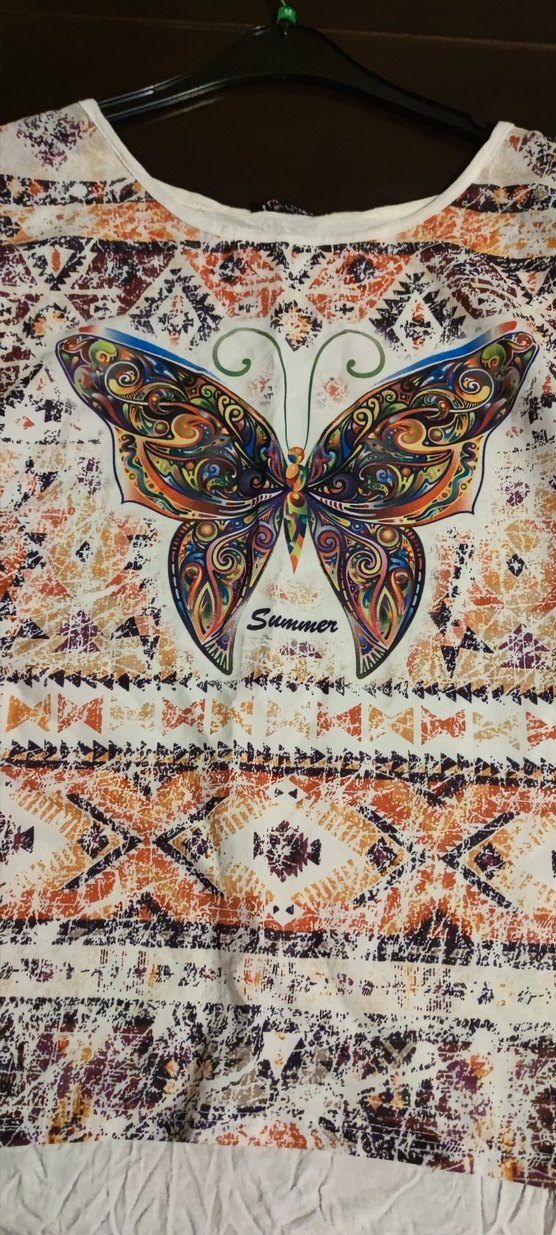 Beyaz Bohem Kelebek Desenli Kısa Kollu Tişört - Görsel 3