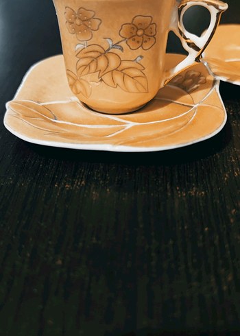 Bej Çiçek Desenli 4 Parça Kahve Fincanı ve Tabağı - Görsel 2