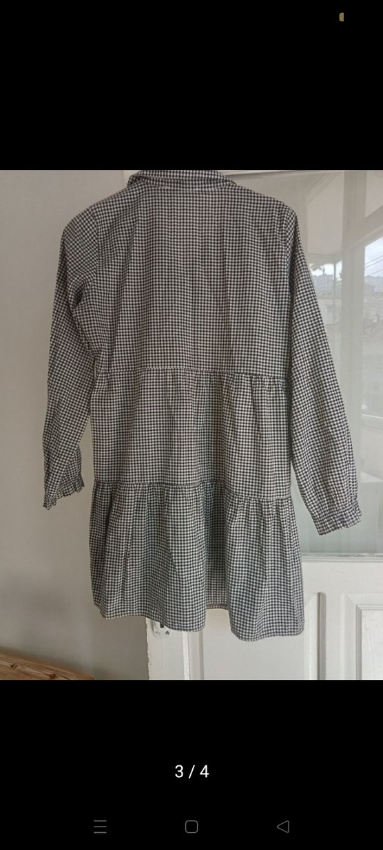 Gri Ekose Pamuklu Midi Gömlek Elbise - Görsel 3