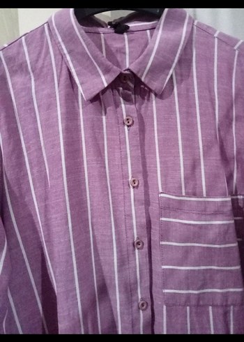 Düğmeli Mor Çizgili Uzun Kollu Kadın Gömlek - Görsel 3