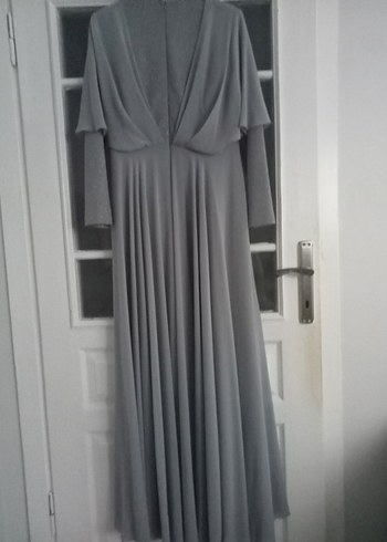 Gri Uzun Kollu V Yaka Kadın Abiye Elbise - Görsel 2