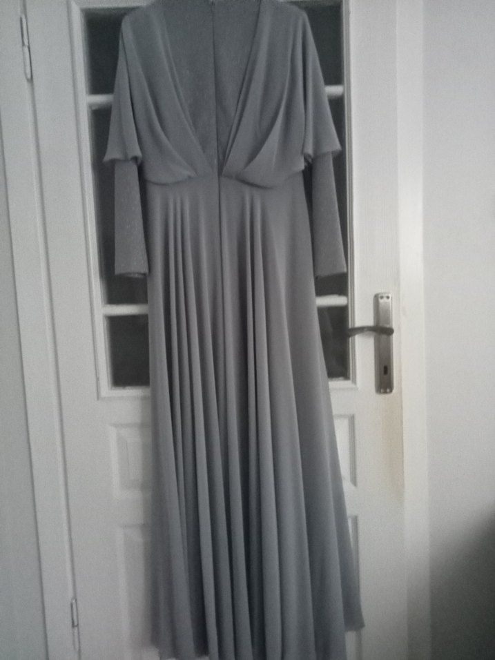 Gri Uzun Kollu V Yaka Kadın Abiye Elbise - Görsel 2