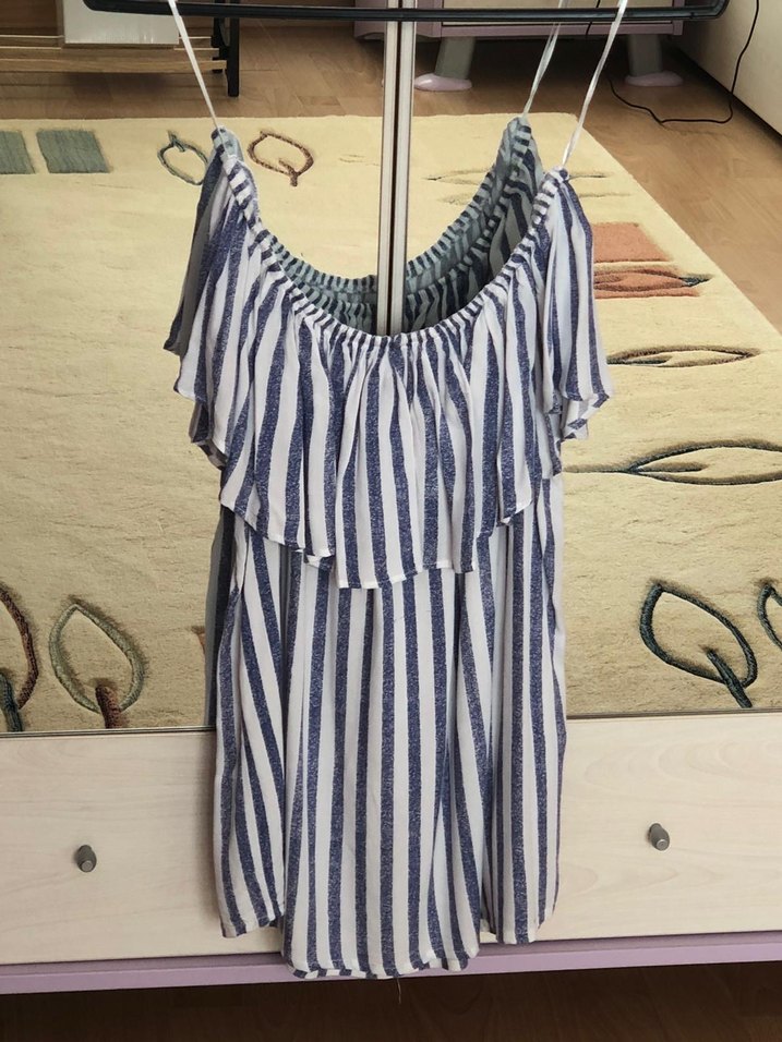 Çizgili Fırfırlı Kayık Yaka Mini Bluz - Görsel 2