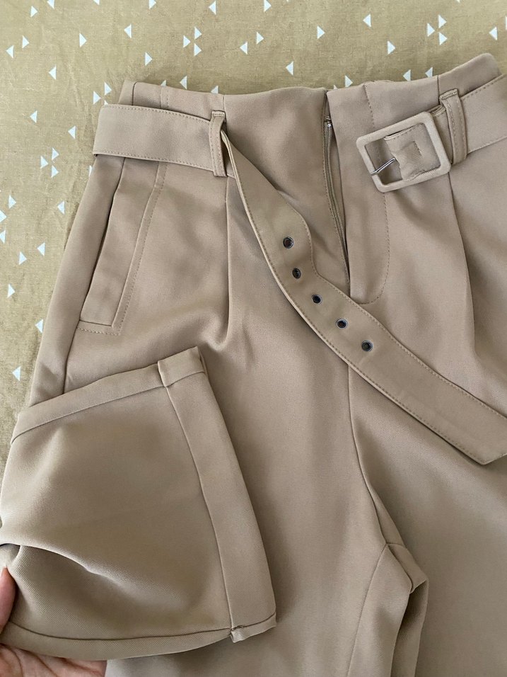 Bej Kemerli Kadın Kumaş Pantolon - Görsel 2