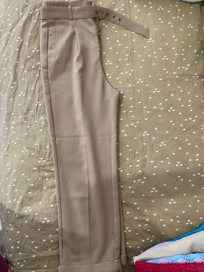 Bej Kemerli Kadın Kumaş Pantolon - Görsel 5