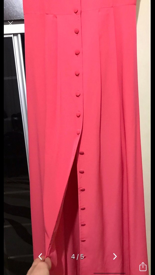 Pembe Düğmeli Uzun Kolsuz Elbise - Görsel 3