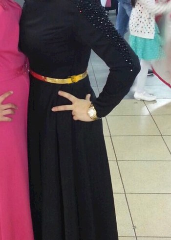 Boncuk Detaylı Siyah Uzun Elbise kemer dahil değildir. - Görsel 3