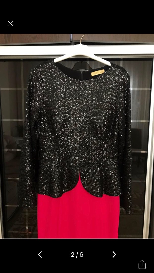 Uzun Kollu Pembe Siyah Abiye Elbise - Görsel 2