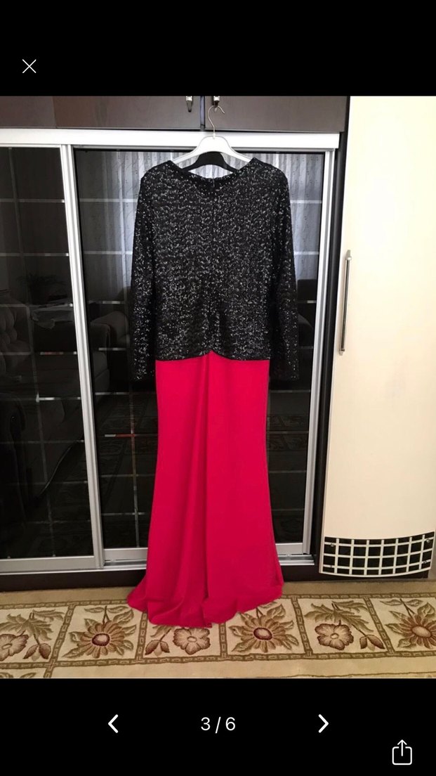 Uzun Kollu Pembe Siyah Abiye Elbise - Görsel 3