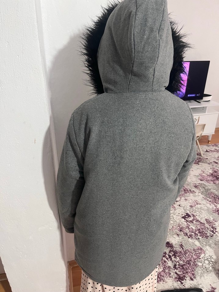 Gri Midi Kürklü kiz çocuk  Kabanı - Görsel 3