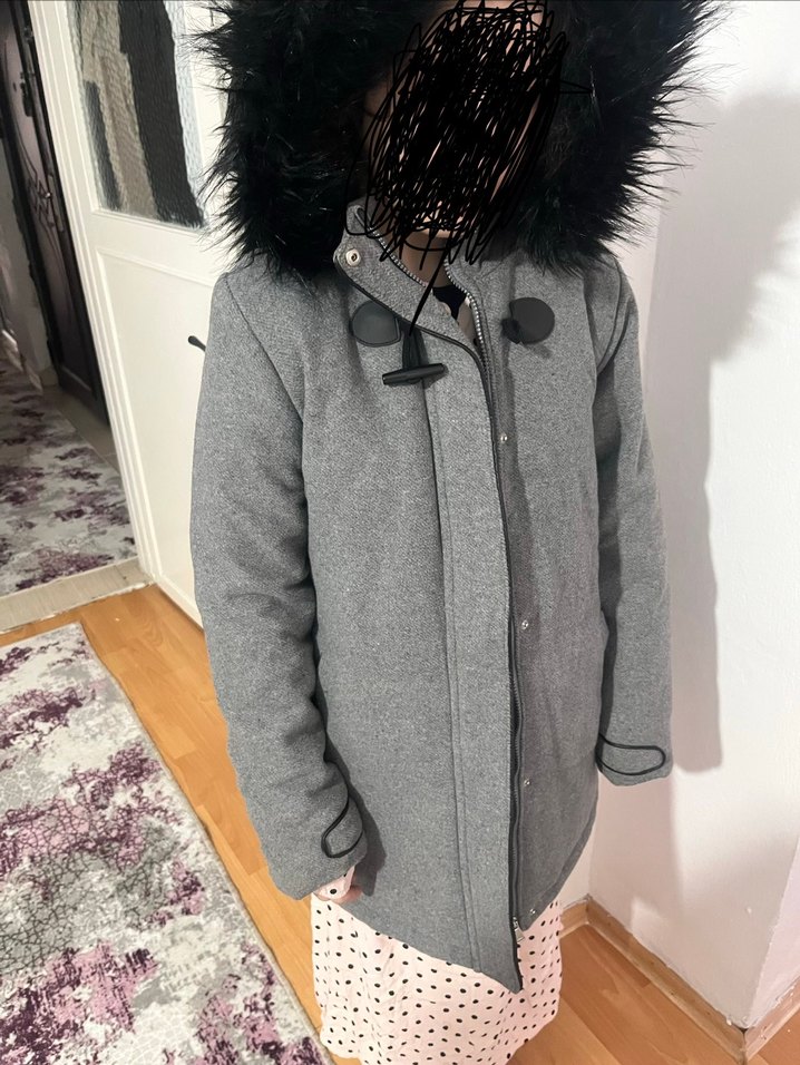 Gri Midi Kürklü kiz çocuk  Kabanı - Görsel 2