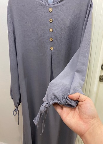 Düğmeli Gri Uzun Keten Elbise - Görsel 3