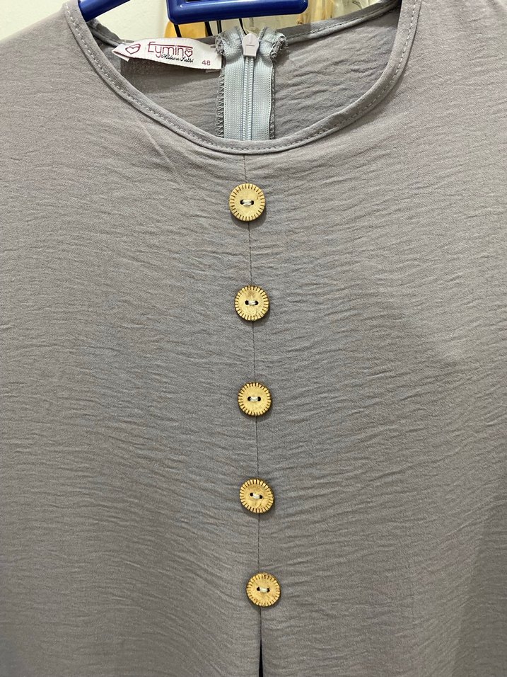 Düğmeli Gri Uzun Keten Elbise - Görsel 2