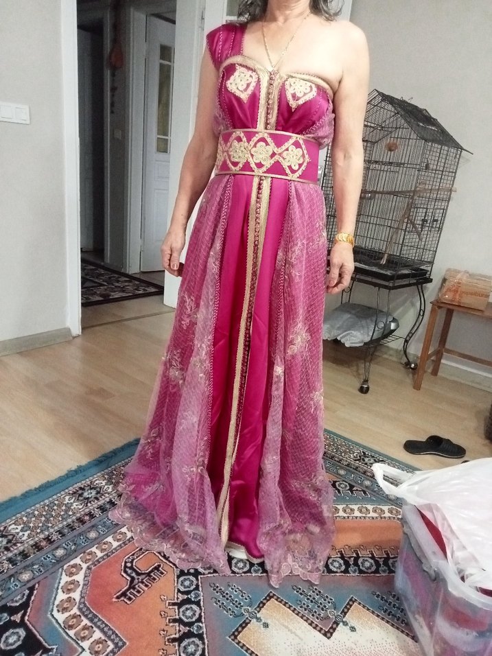 Pembe Drapeli Uzun Straplez Bohem Elbise - Görsel 3