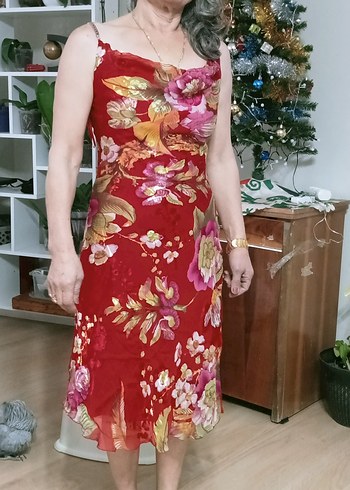 Çiçek Desenli Kırmızı Midi Bohem Elbise - Görsel 2