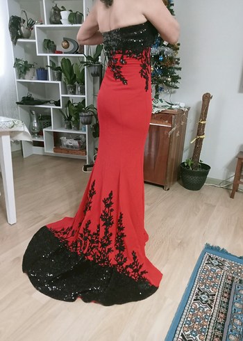 Kırmızı Straplez Uzun Abiye Elbise - Görsel 2