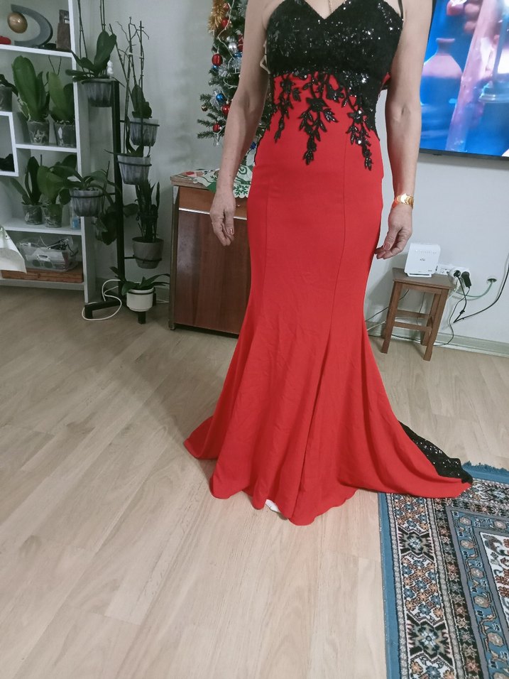 Kırmızı Straplez Uzun Abiye Elbise - Görsel 3