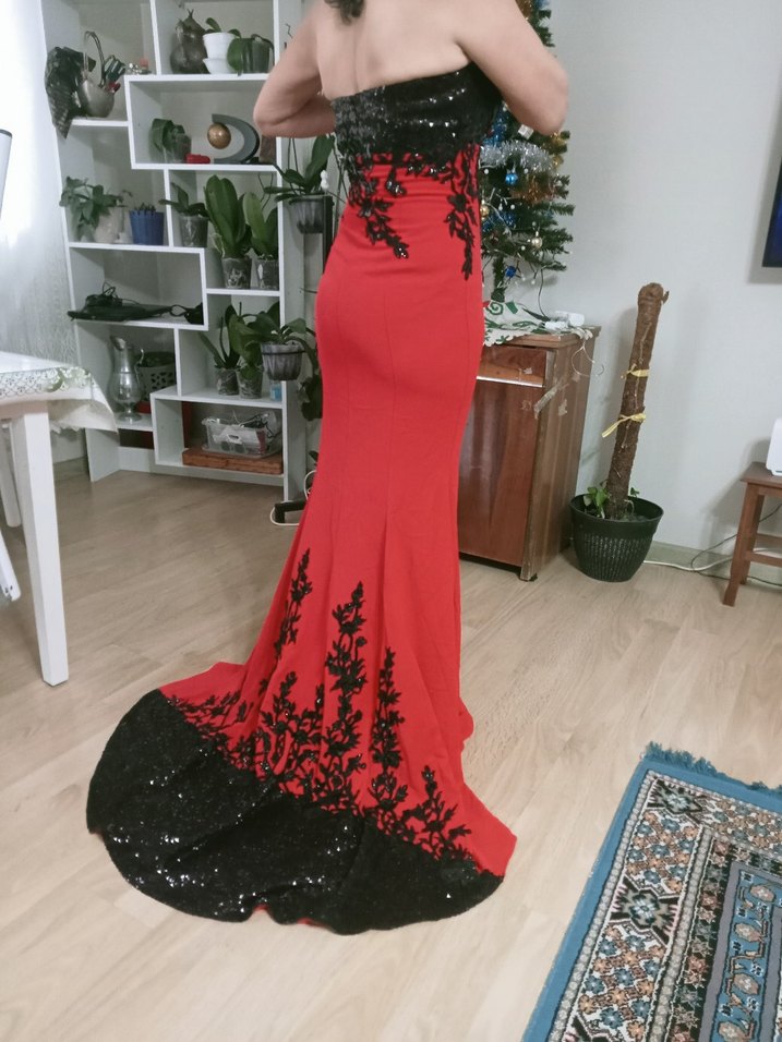 Kırmızı Straplez Uzun Abiye Elbise - Görsel 2