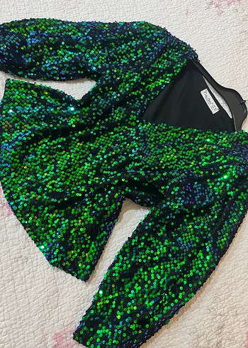 Payetli, V Yaka, Uzun Kollu Mini Bluz - Görsel 2