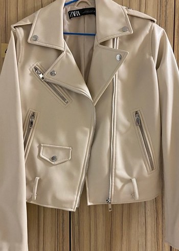 Bej Kadın Deri Ceket Fermuarlı - Görsel 2
