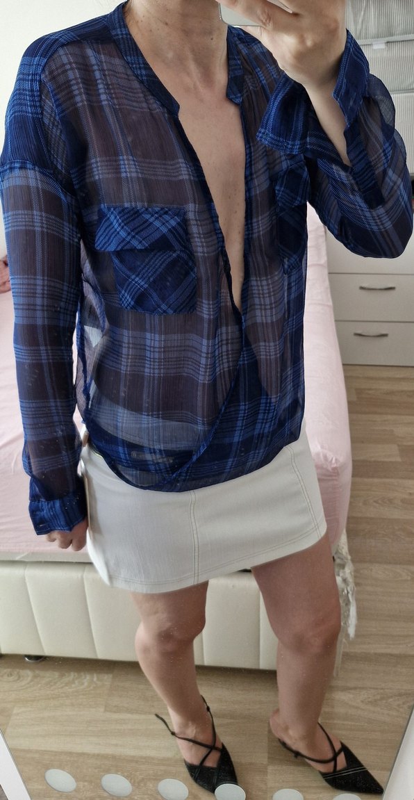 Only Anvelop Ekose Desenli Mavi Şifon Kadın Gömlek S-36 - Görsel 5