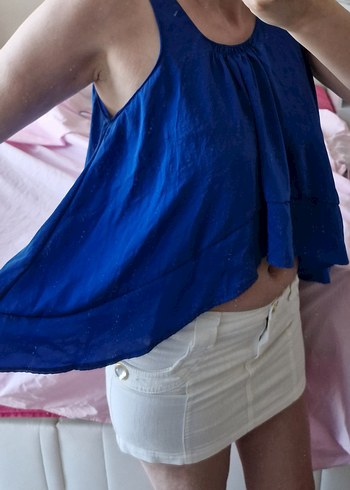 Saten Eteği Volanlı Mavi Bluz S-36 - Görsel 5