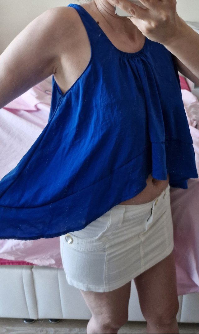 Saten Eteği Volanlı Mavi Bluz S-36 - Görsel 5