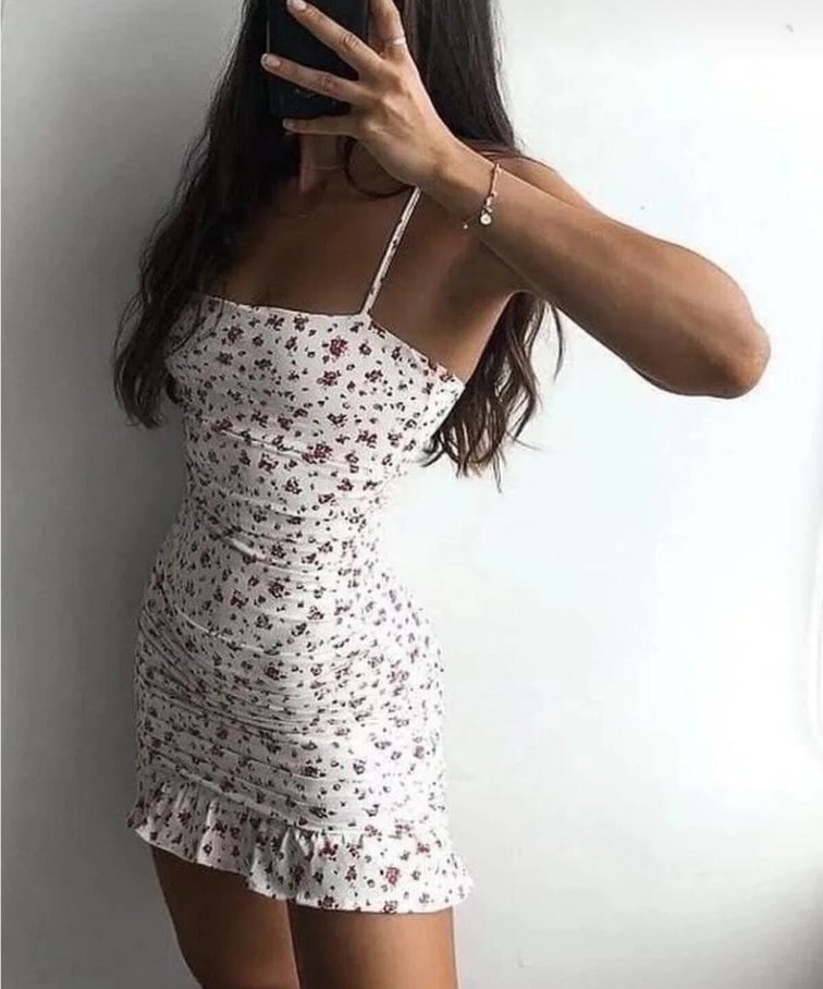 Beyaz Çiçek Desenli Mini Elbise - Görsel 2