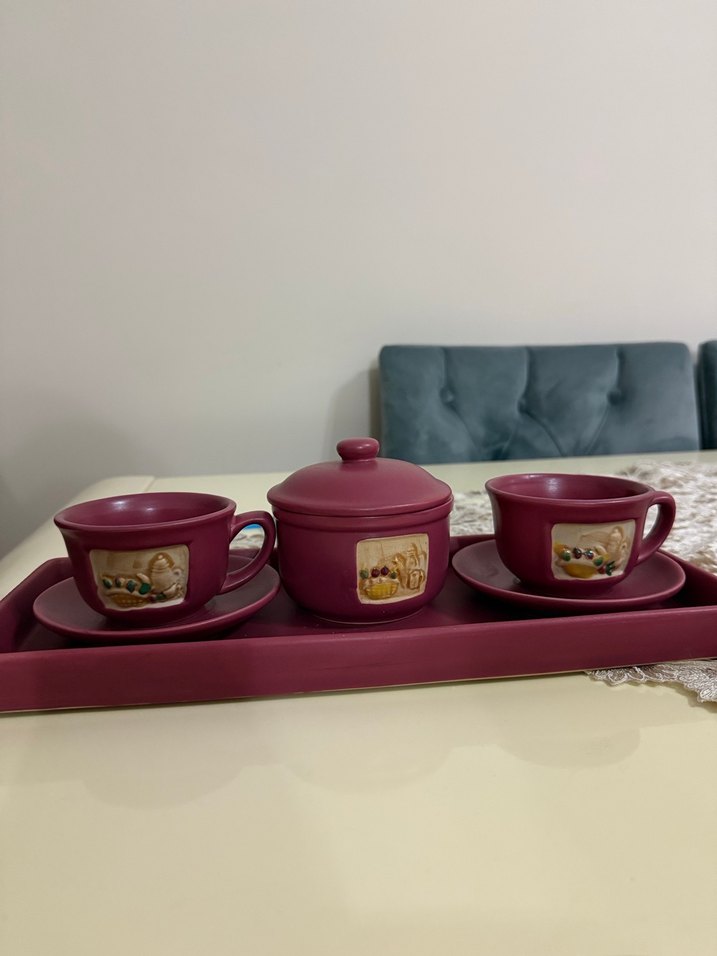 Bordo Seramik Kahve Fincanı ve Şekerlik Seti - Görsel 2