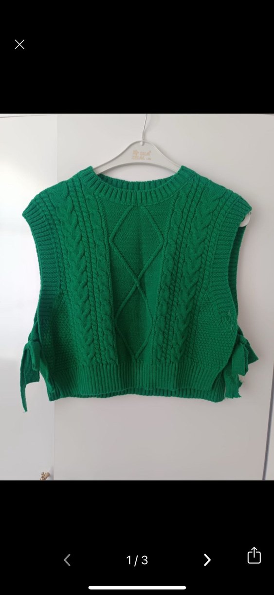 Yeşil Örgü Kolsuz Bohem Kadın Süveter - Görsel 2