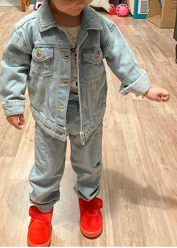 Kız Çocuk mavi Düğmeli kot Ceket - Görsel 3