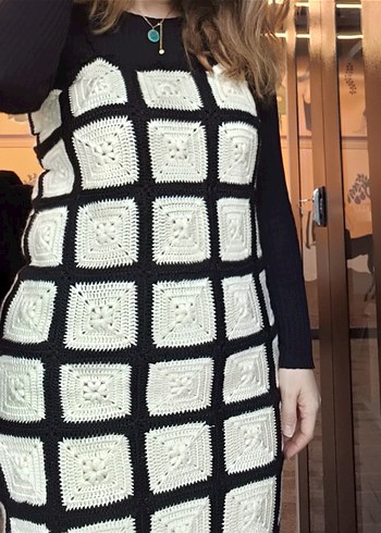 Kadın Siyah Beyaz Kareli Uzun Triko Elbise - Görsel 4