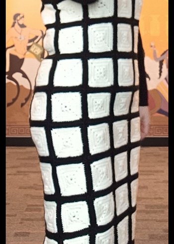 Kadın Siyah Beyaz Kareli Uzun Triko Elbise - Görsel 5