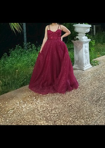 Bordo Parlak Straplez Uzun Abiye Elbise - Görsel 4