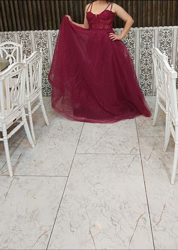 Bordo Parlak Straplez Uzun Abiye Elbise - Görsel 2