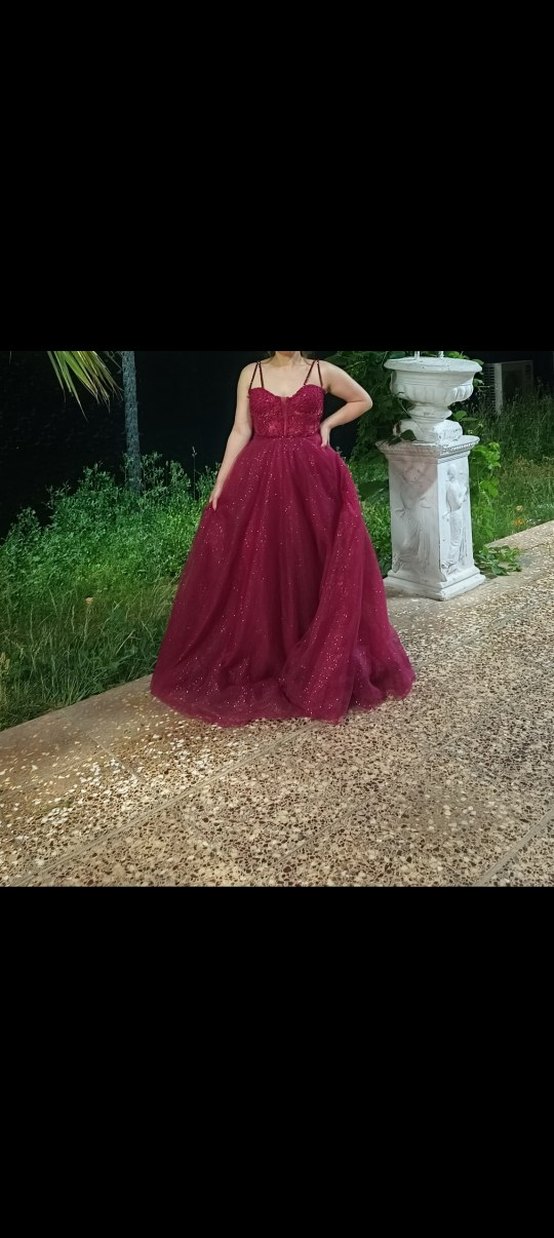 Bordo Parlak Straplez Uzun Abiye Elbise - Görsel 4