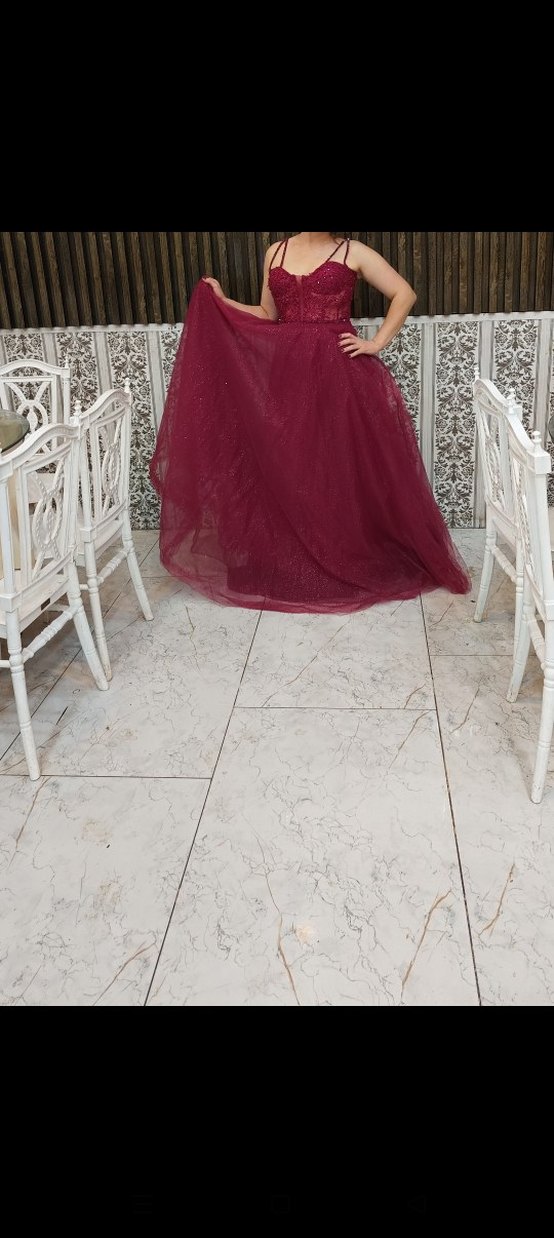 Bordo Parlak Straplez Uzun Abiye Elbise - Görsel 2