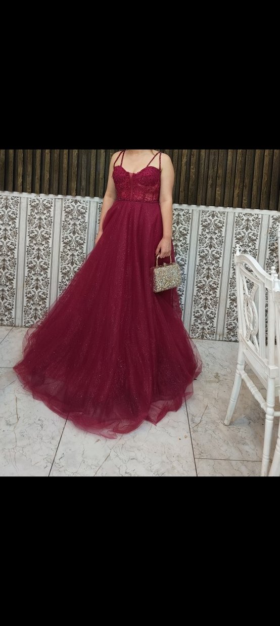 Bordo Parlak Straplez Uzun Abiye Elbise - Görsel 3