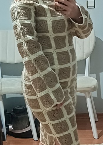 Bohem Kareli Örgü Kadın Uzun Elbise - Görsel 3