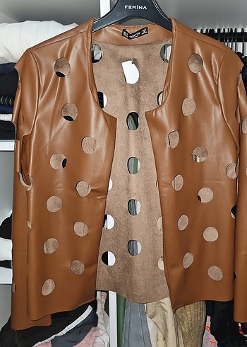 Kadın Kahverengi Puantiyeli Deri Ceket - Görsel 2