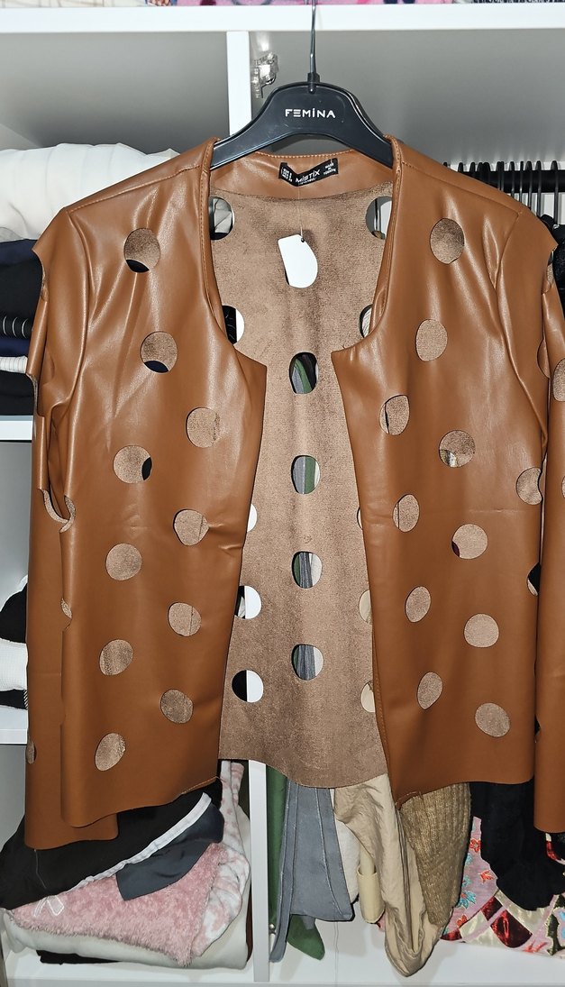 Kadın Kahverengi Puantiyeli Deri Ceket - Görsel 2