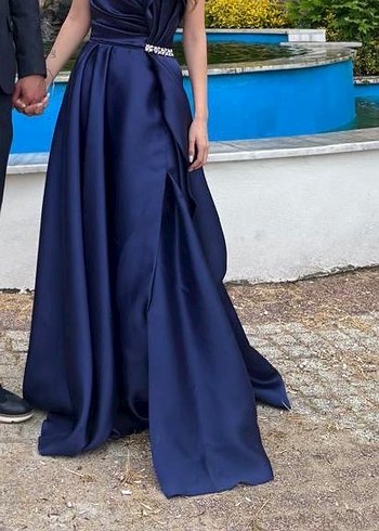 Lacivert Drapeli Uzun Abiye Elbise - Görsel 3