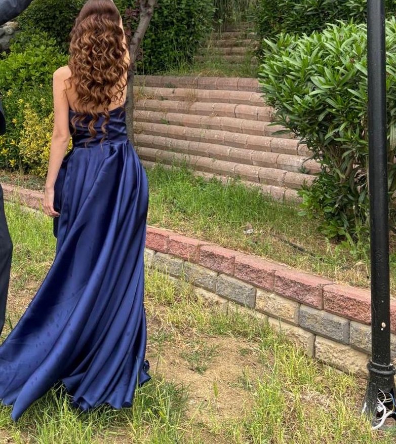 Lacivert Drapeli Uzun Abiye Elbise - Görsel 4