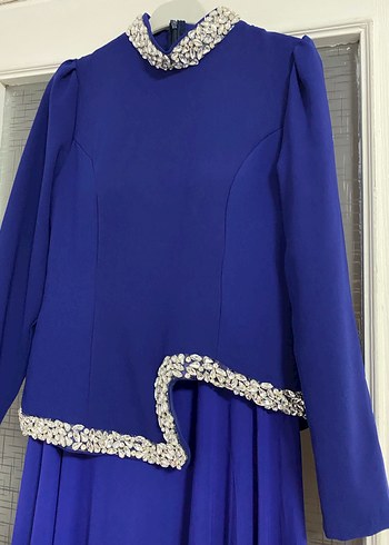 Uzun Kollu Mavi Drapeli Abiye Elbise - Görsel 2