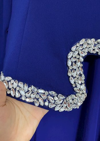 Uzun Kollu Mavi Drapeli Abiye Elbise - Görsel 3