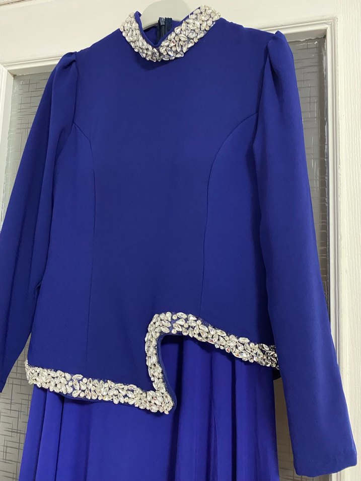 Uzun Kollu Mavi Drapeli Abiye Elbise - Görsel 2