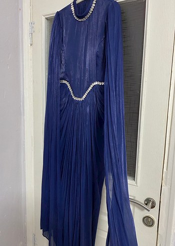 Uzun Parlak Lacivert Drapeli Abiye Elbise - Görsel 2